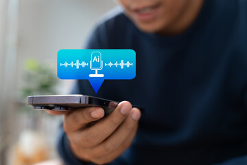 AI voice assistant technology concept showing man using speech recognition on smartphone with virtual microphone icon and soundwave. Future mobile interface for hands-free control.