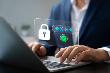 Password protection and secure authentication concept. Businessman typing on laptop with virtual lock icon and password input, illustrating cybersecurity, online safety, and data privacy technology.