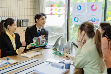 The corporate business team meets with potential home sales projects by showing them model homes and making offers to buyers before they make a decision.