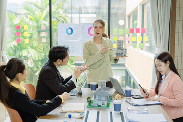 The corporate business team meets with potential home sales projects by showing them model homes and making offers to buyers before they make a decision.