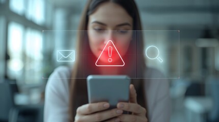 Woman mobile phone security alert notification error message privacy breach vulnerability warning system 100 on transparent background