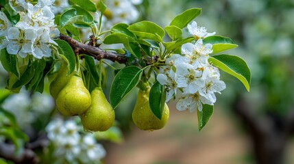 A branch laden with green pears & delicate white blossoms. Fresh leaves & moisture dots the scene, set against a blurred background