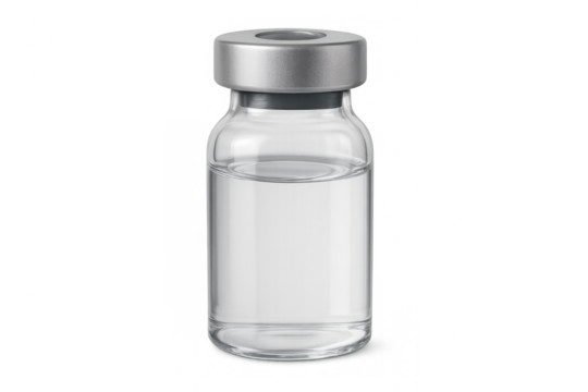 Vial with vaccine liquid for medical immunization on transparent background