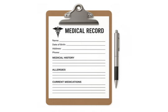 Medical record form on clipboard with pen