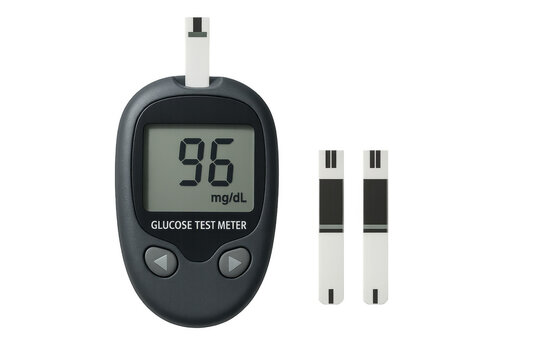 Glucose test meter monitoring blood sugar level with strips - Powered by Adobe