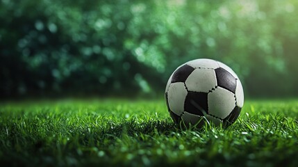 Fototapeta premium A soccer ball rests on a lush green lawn, illuminated by a soft, ambient light, with a blurred green foliage background.