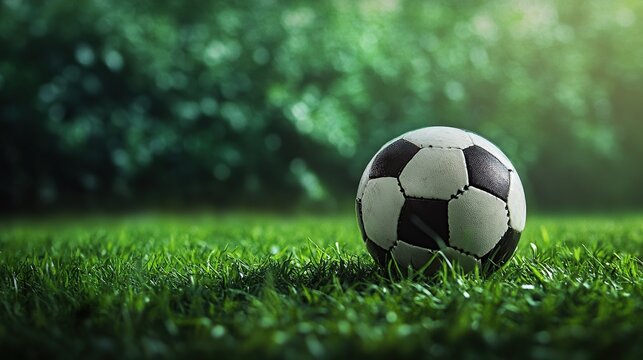 A soccer ball rests on a lush green lawn, illuminated by a soft, ambient light, with a blurred green foliage background.