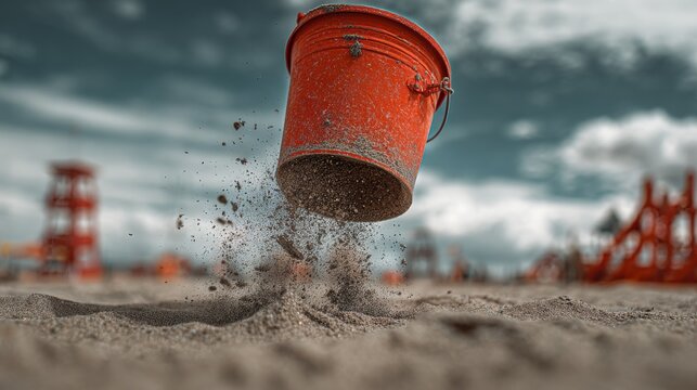 A vibrant orange bucket, mid-air, sand erupting from its base. Play area blurred in background, sky overcast