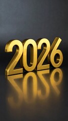 Golden 2026 Year Number with Elegant Reflection on Dark Surface for Business and Festive New Year Greetings.