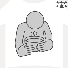 Man with hot lunch isometric icon, food concept. Vector graphics. Ceramic plate of soup in hands sign and editable stroke, outline style icon for mobile or web design.