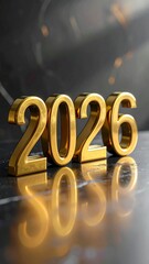 Golden 2026 Numbers Reflecting on a Dark Surface Symbolizing Future Hopes and Aspirations.