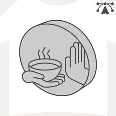 Refusing food hand gesture isometric icon, soup concept. Vector graphics. Ceramic plate with hot lunch and hands sign and editable stroke, outline style icon for mobile or web design.