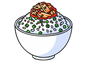 charming bowl of kimchi rice beautifully presented in a white bowl Vibrant red chili peppers and green scallions add a pop of color Ideal for food illustrations and culinary themes