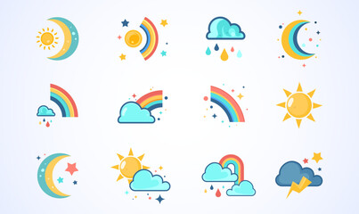 Colorful Flat Weather Icons Set with Sun, Moon, and Rainbow. Cute and bright weather symbol set with colorful sun, moon, cloud, and rainbow icons. Ideal for children&rsquo;s illustrations, cartoon-style