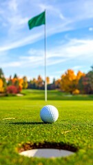 Obraz premium Golf Ball Near Hole on a Green Course in Autumn under a Clear Blue Sky Ready for the Final Putt.