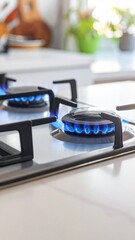 Blue Flames on a Modern Gas Stove in a Bright Kitchen Showing Energy and Domestic Life.
