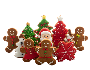 Grouping of festive gingerbread cookies and decorated trees against a black background