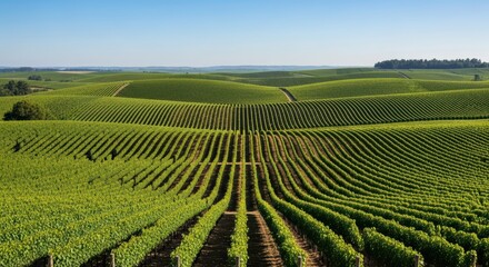 Verdant vineyard landscape under clear blue sky with rolling hills