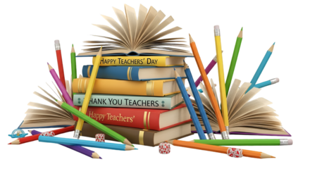 A vibrant stack of colorful books celebrating Happy Teachers Day filled with knowledge and gratitude with colorful