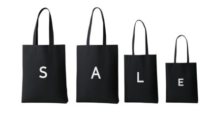Isolate on transparent with black glossy tote bag mockup SALE design, black glossy tote bag mockup for sale promotion, minimal black glossy tote bag mockup for promotion on PNG for advertising 