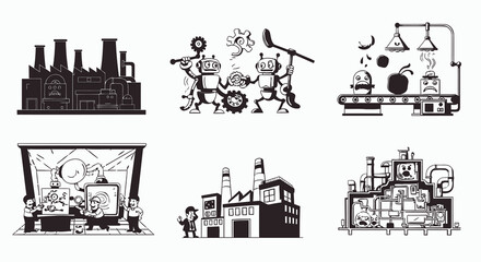 Naklejka premium Industrial factory buildings and production line concepts, black and white vectors