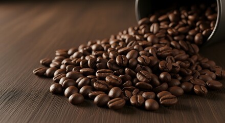 Fototapeta premium Fresh Roasted Coffee Beans Spilled from Canister on Wood Table