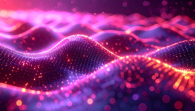 Abstract wave pattern in shades of pink and purple, dotted with glowing particles and blurred bokeh. Forms a dynamic, vibrant visual - Powered by Adobe