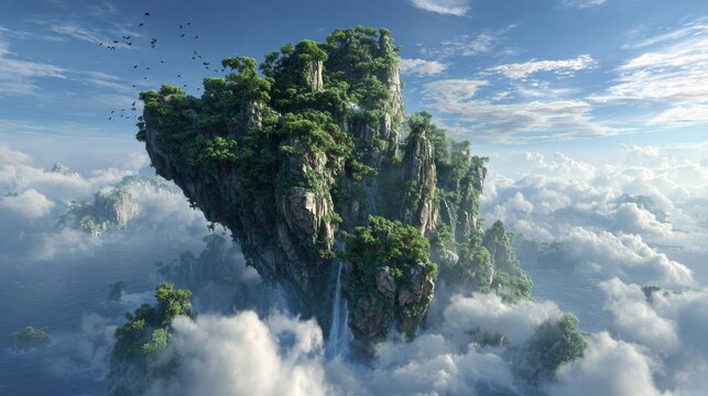 Lush, island mountains float above fluffy clouds in a bright blue sky with a waterfall. Birds fly