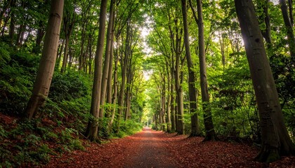 Obraz premium Sunlight Filtering Through Green Canopy Above a Red Leaf Path in a Majestic Woodland Avenue of Tall Beech Trees.