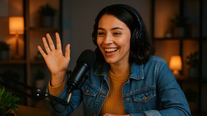 Podcast broadcasting: A vibrant female content creator is captured mid-broadcast in a cozy home studio setting, radiating warmth and engagement.