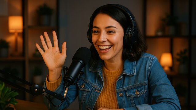 Podcast broadcasting: A vibrant female content creator is captured mid-broadcast in a cozy home studio setting, radiating warmth and engagement.