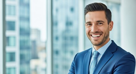 A smiling businessman in a blue suit standing in front of a modern office building.