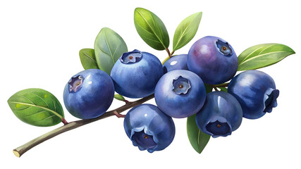 Fresh bilberries bunched together on a branch with green leaves ripe and ready