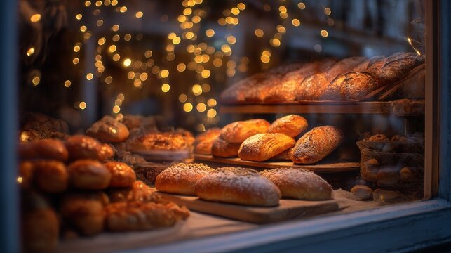 A bakery window display features an array of breads pastries and rolls arranged on wooden shelves under warm outoffocus lights