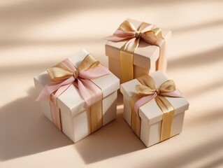 Obraz premium Elegant Christmas gift boxes with blush ribbons and golden accents