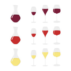 Decanters and Various Wine Glasses with Different Wines Types Wine Thematic Icon Minimal Flat Bundle
