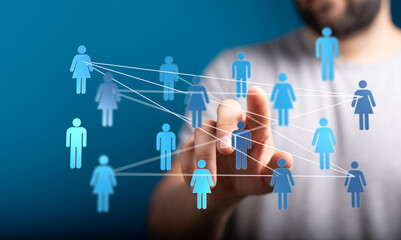 Hand touching interface with human figures and connections, representing digital network, communication and teamwork.  Ideal for technology and