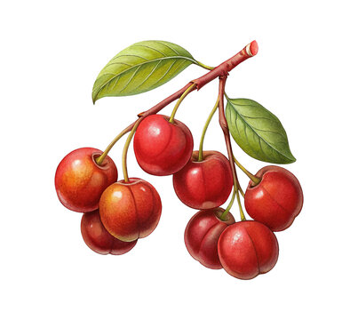 Vibrant capulin cherry bunch rich red fruit on stem detailed realistic rendering isolated