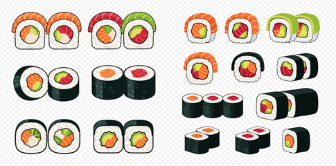 An illustration of various types of sushi rolls, including maki and uramaki, with different fillings and toppings.