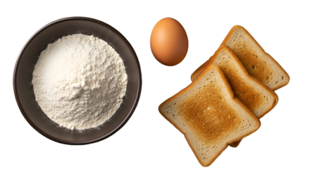 Prepare a classic breakfast flour an egg and perfectly toasted bread the basics for morning simplicity isolated on black