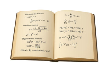 Open mathematics book showing algebra and calculus formulas