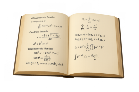 Open mathematics book showing algebra and calculus formulas