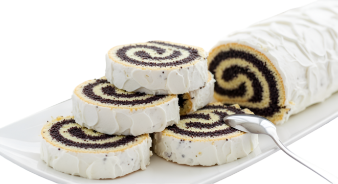 A delightful poppy seed roll cake perfect for celebrating special moments with loved ones featuring white frosting and