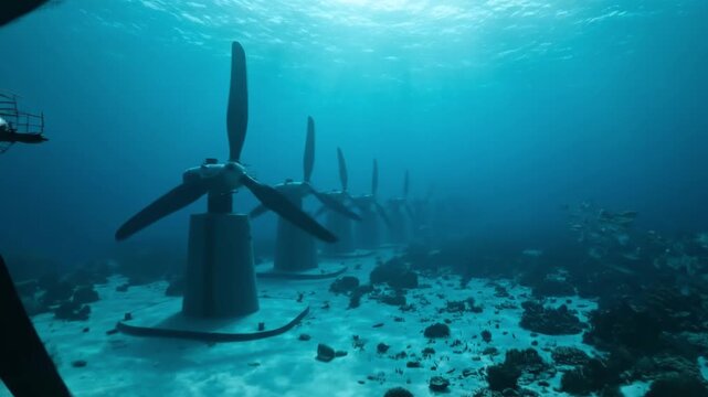 Underwater shot of a submerged tidal turbine array with fish and sunlight