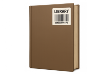 Library book barcode sticker on brown hardback