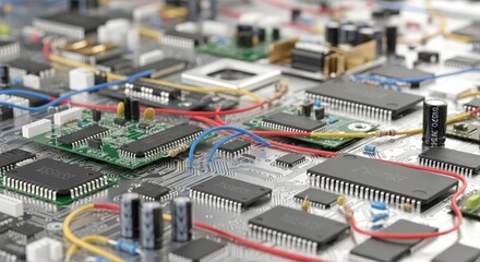 A complex electronic circuit board with various components and wires.