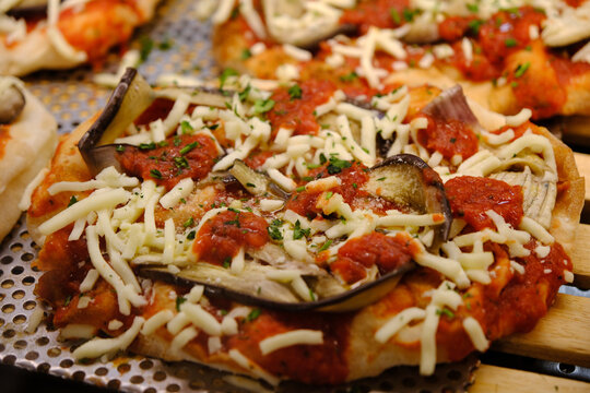 close-up eggplant pizza with cheese, Italian food