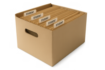 Cardboard box storing student files and documents