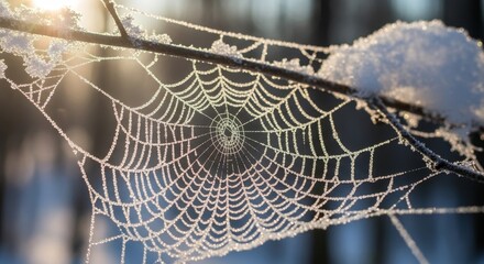 A frostcovered spiderweb hangs from a branch backlit by the morning sun Snow clings to the branch