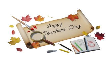 Celebrating Happy Teachers Day with artistic tools autumn leaves and warm wishes on a vintage parchment on dark